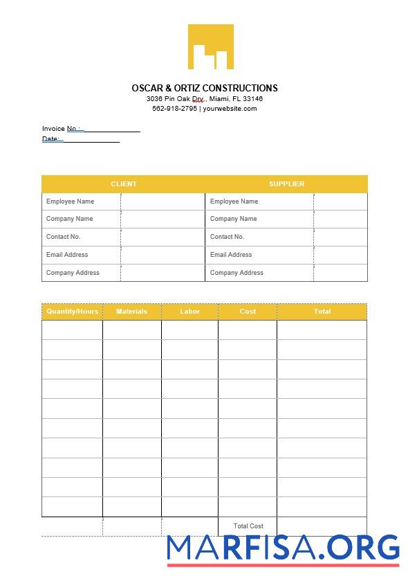Blank Printable Construction Invoice Template